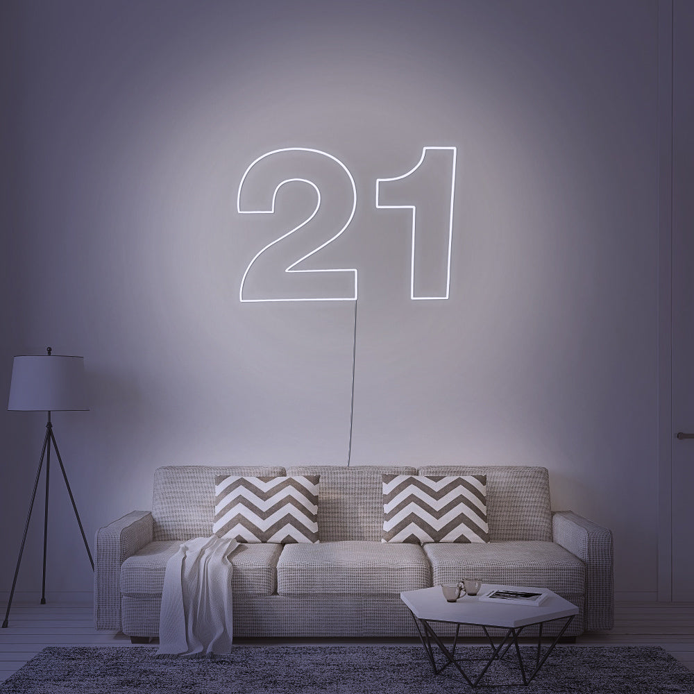 white 21 neon sign game room