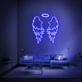 dark blue angel wing neon lamp in slaapkamer - sfeervolle led neon verlichting voor een rustgevende glow